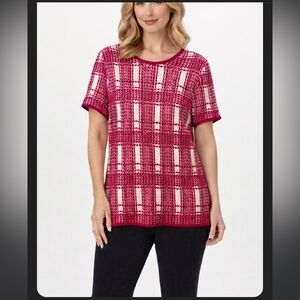 St. John Pink & White Knit Rope Plaid Leather Trim Tunic Top Size 10 Side Split